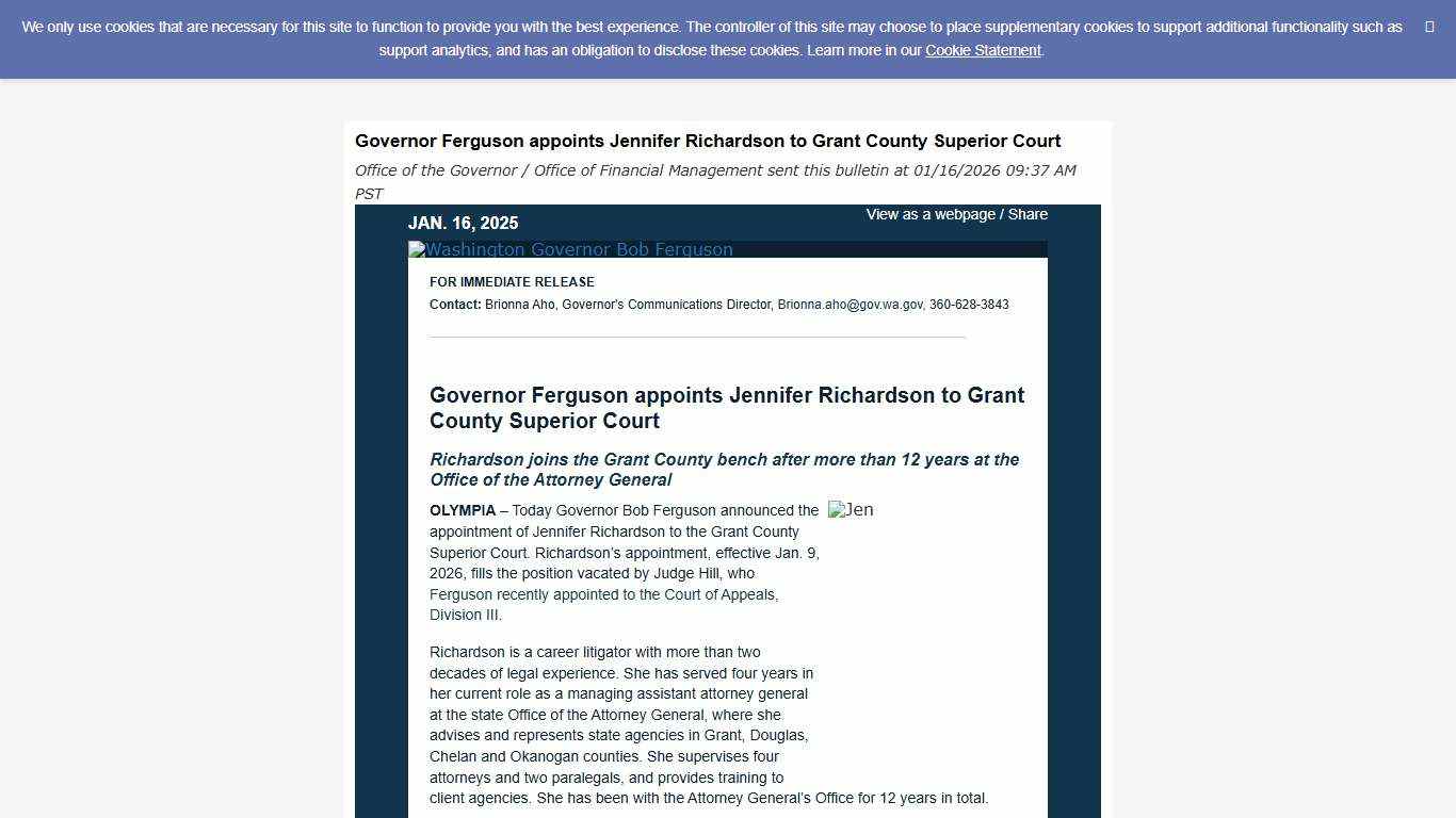 Governor Ferguson appoints Jennifer Richardson to Grant County Superior Court